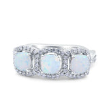 Halo Cushion Art Deco Three Stone Wedding Bridal Ring Lab Created White Opal 925 Sterling Silver