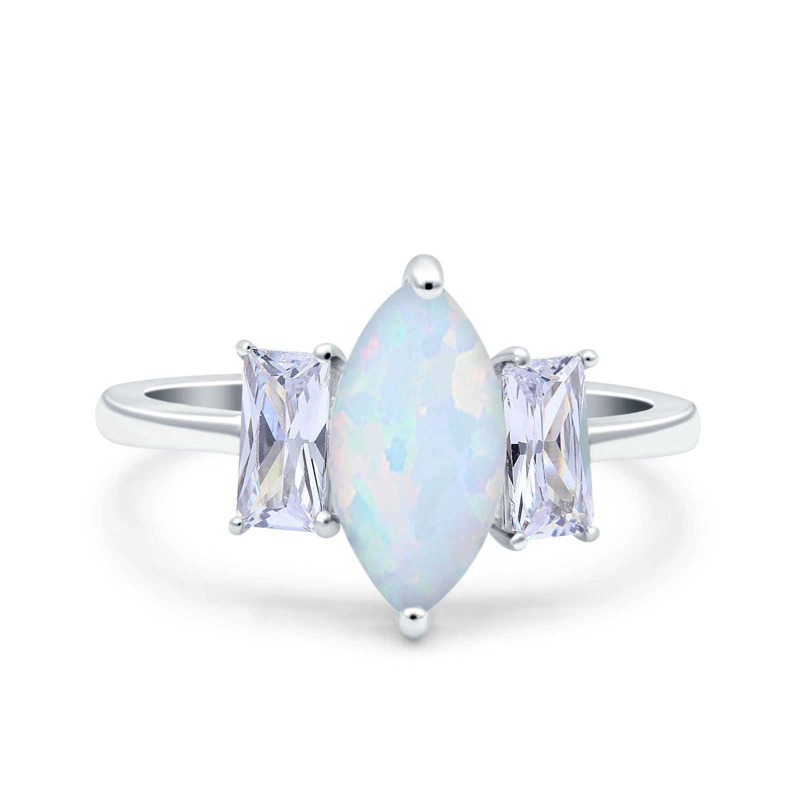 Marquise Art Deco Emerald Cut Lab Created White Opal Wedding Ring 925 Sterling Silver