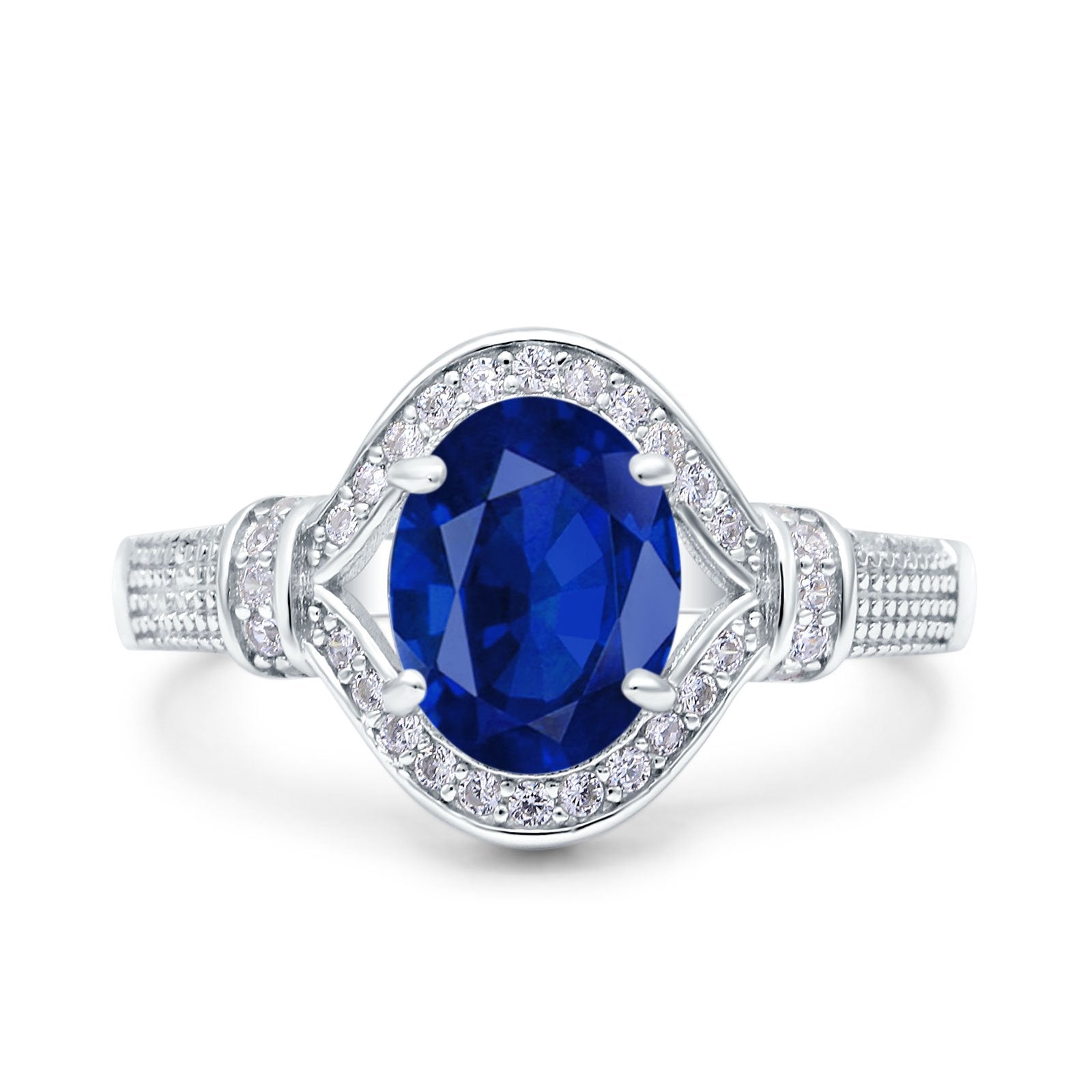Oval Art Deco Wedding Ring Accent Vintage Simulated Blue Sapphire CZ 925 Sterling Silver