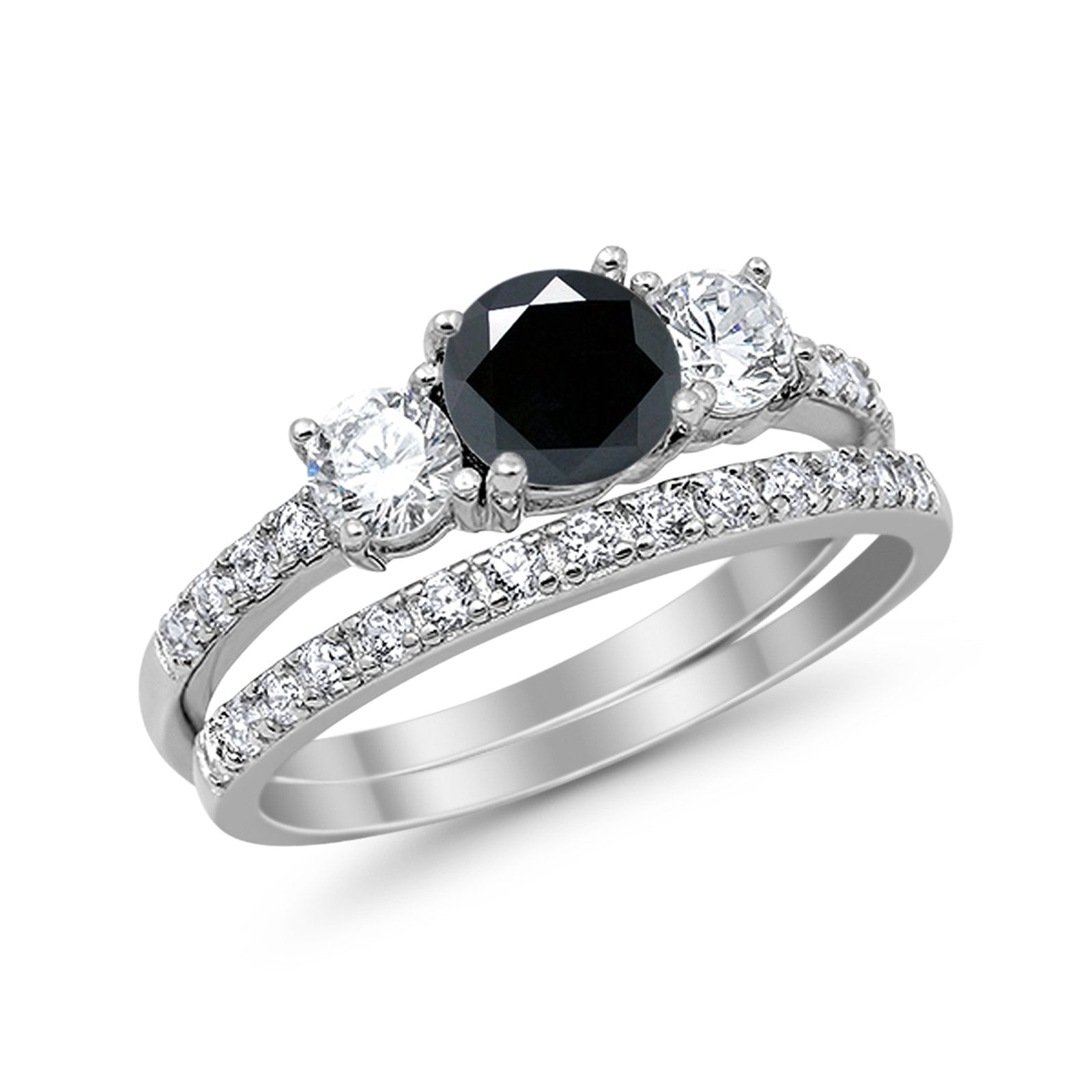3-Stone Wedding Piece Bridal Set Ring Simulated Black CZ 925 Sterling Silver