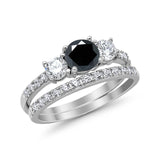 3-Stone Wedding Piece Bridal Set Ring Simulated Black CZ 925 Sterling Silver