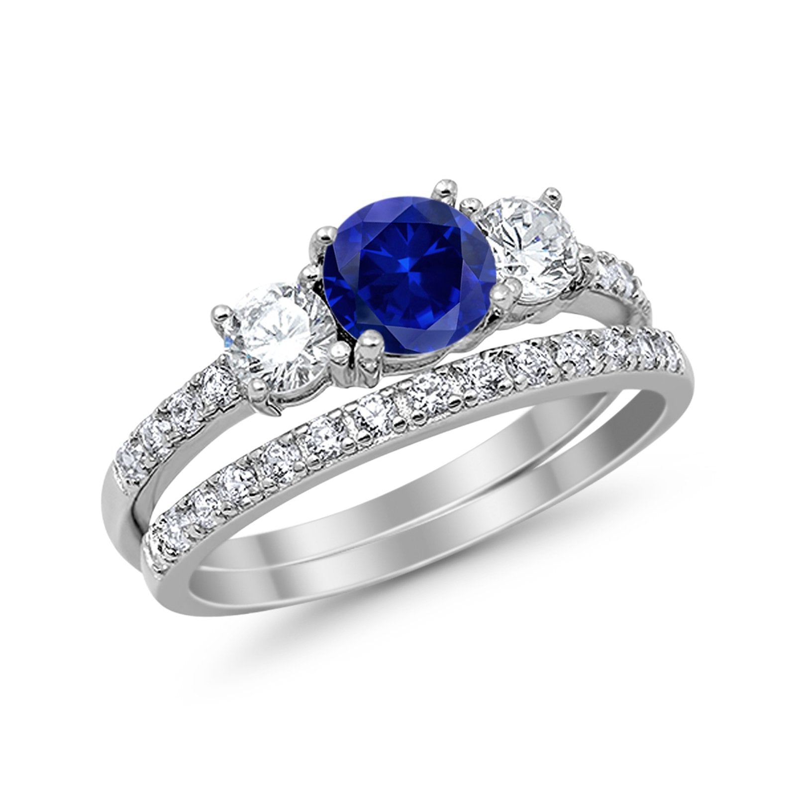 3-Stone Wedding Bridal Set Ring Round Simulated Blue Sapphire Cubic Zirconia 925 Sterling Silver