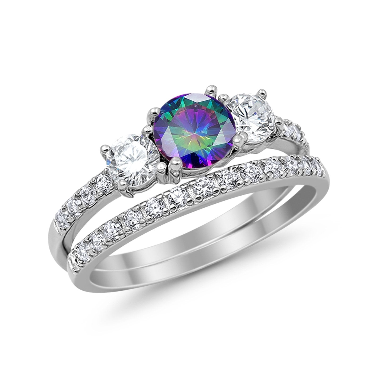3-Stone Wedding Piece Bridal Set Ring Simulated Rainbow CZ 925 Sterling Silver