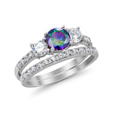 3-Stone Wedding Piece Bridal Set Ring Simulated Rainbow CZ 925 Sterling Silver