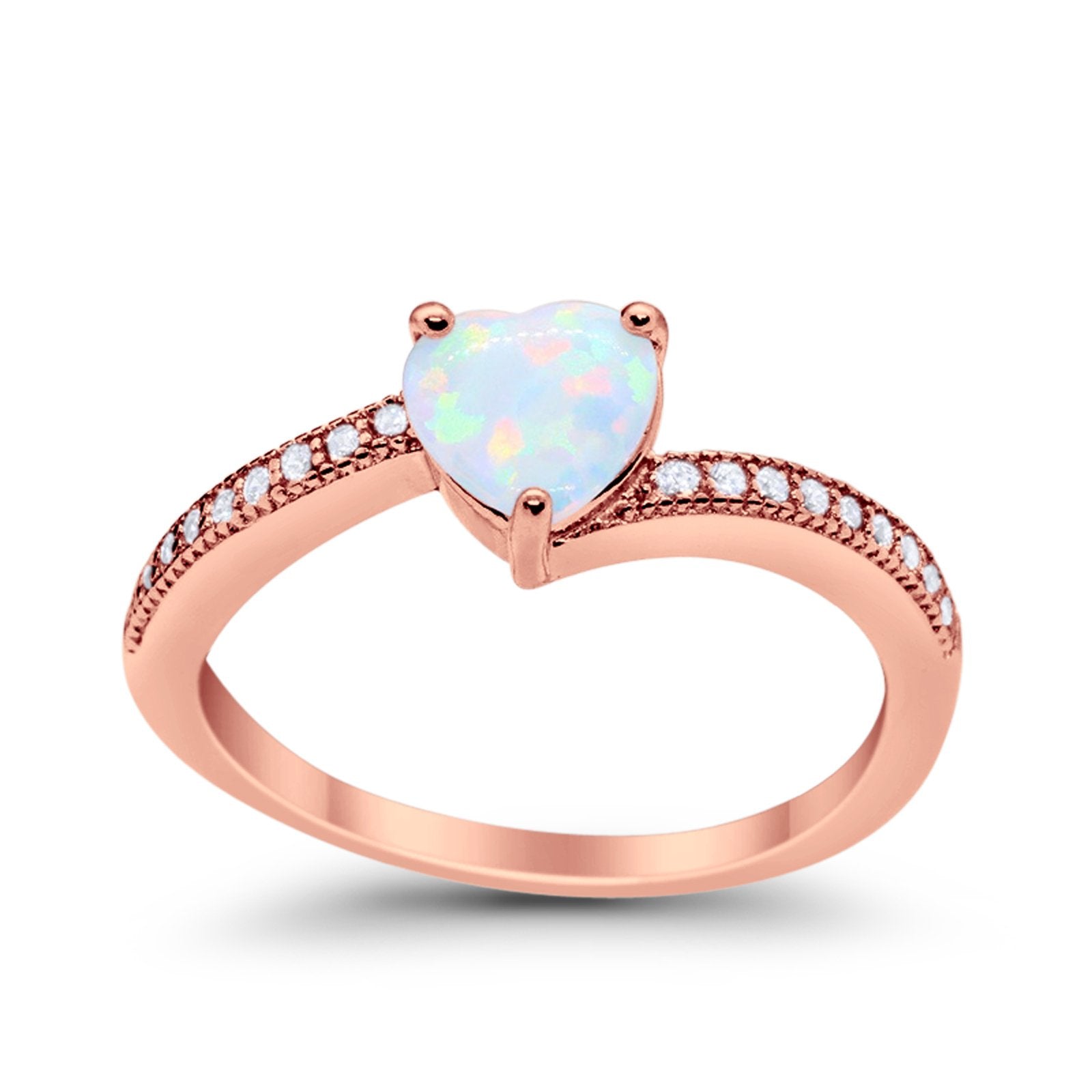 Heart Promise Ring Rose Tone, Lab Created White Opal 925 Sterling Silver