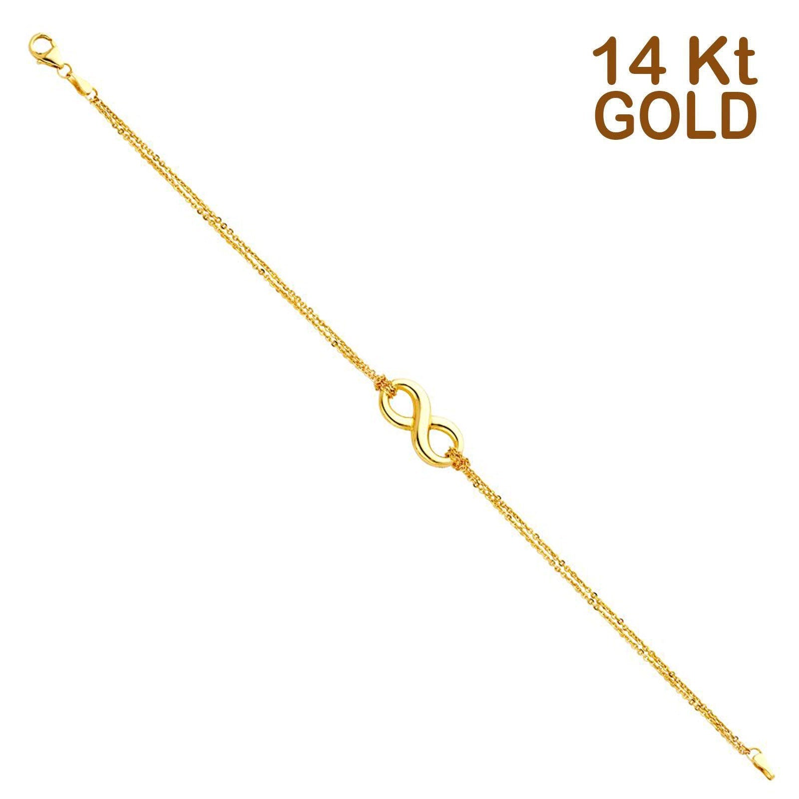 14K Yellow Gold Infinity Hollow Bracelet Chain 7.5" Extension