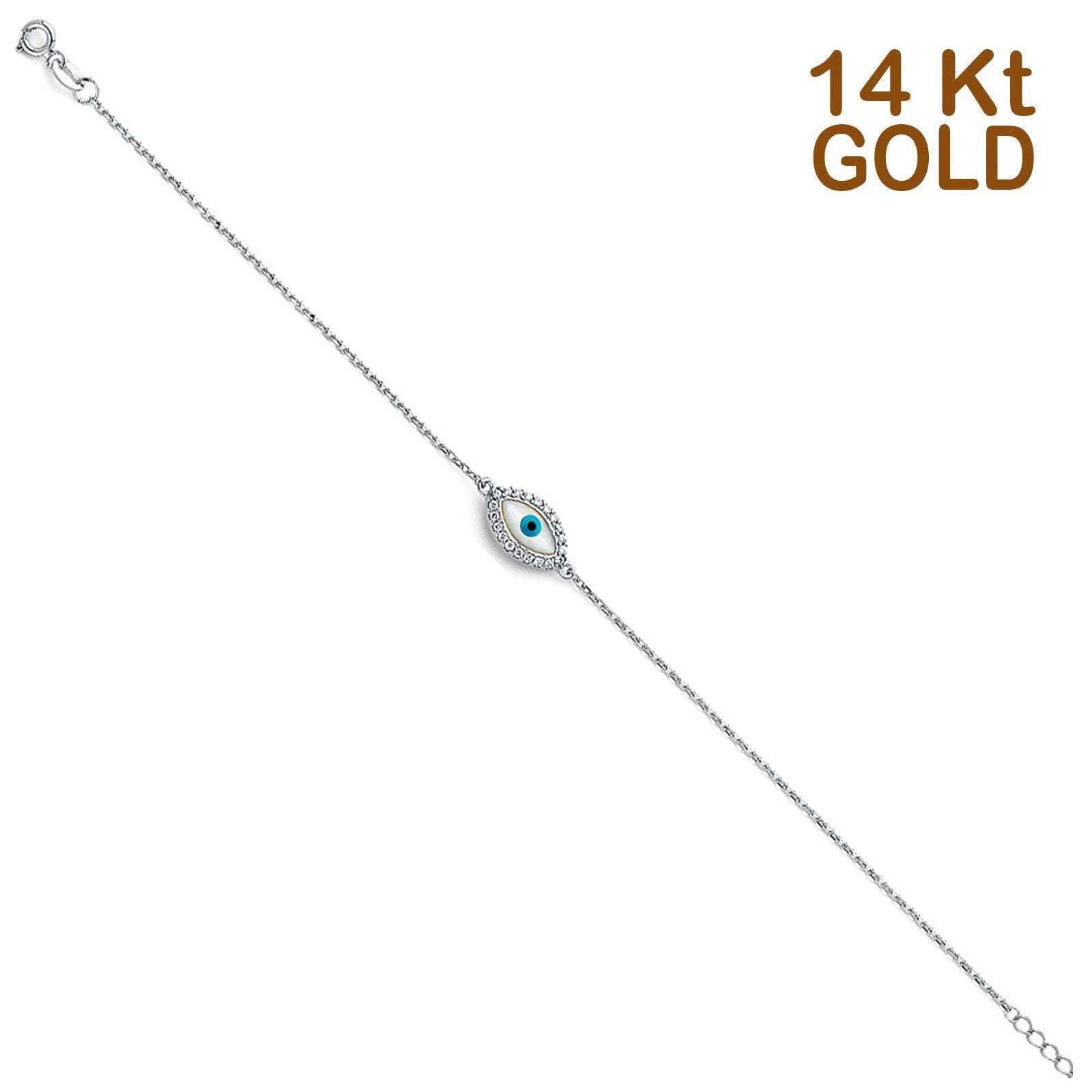 14K White Gold Evil Eye Bracelet Chain 7" + 1" Extension