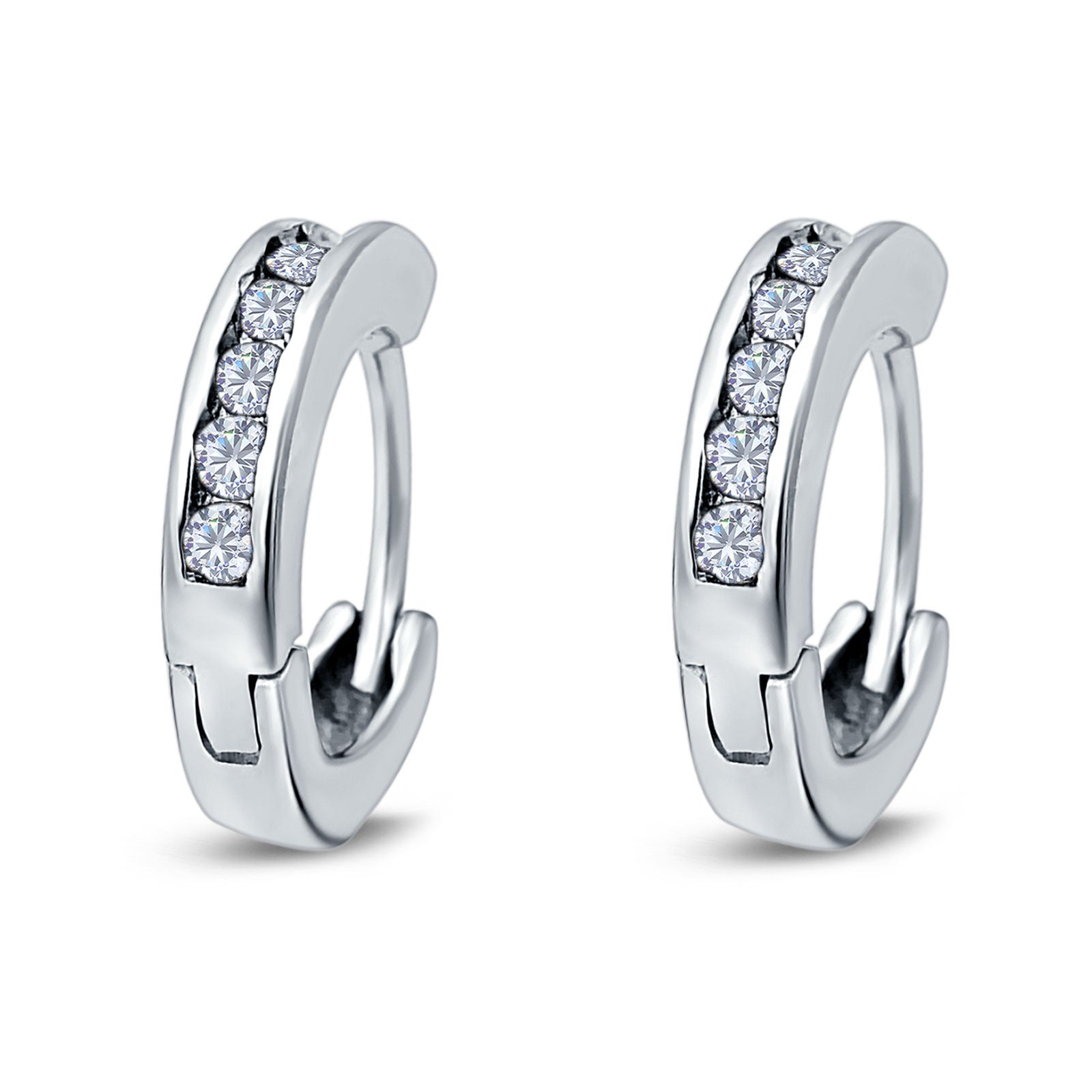 14K White Gold Round Art Deco Hoop Earrings Simulated CZ