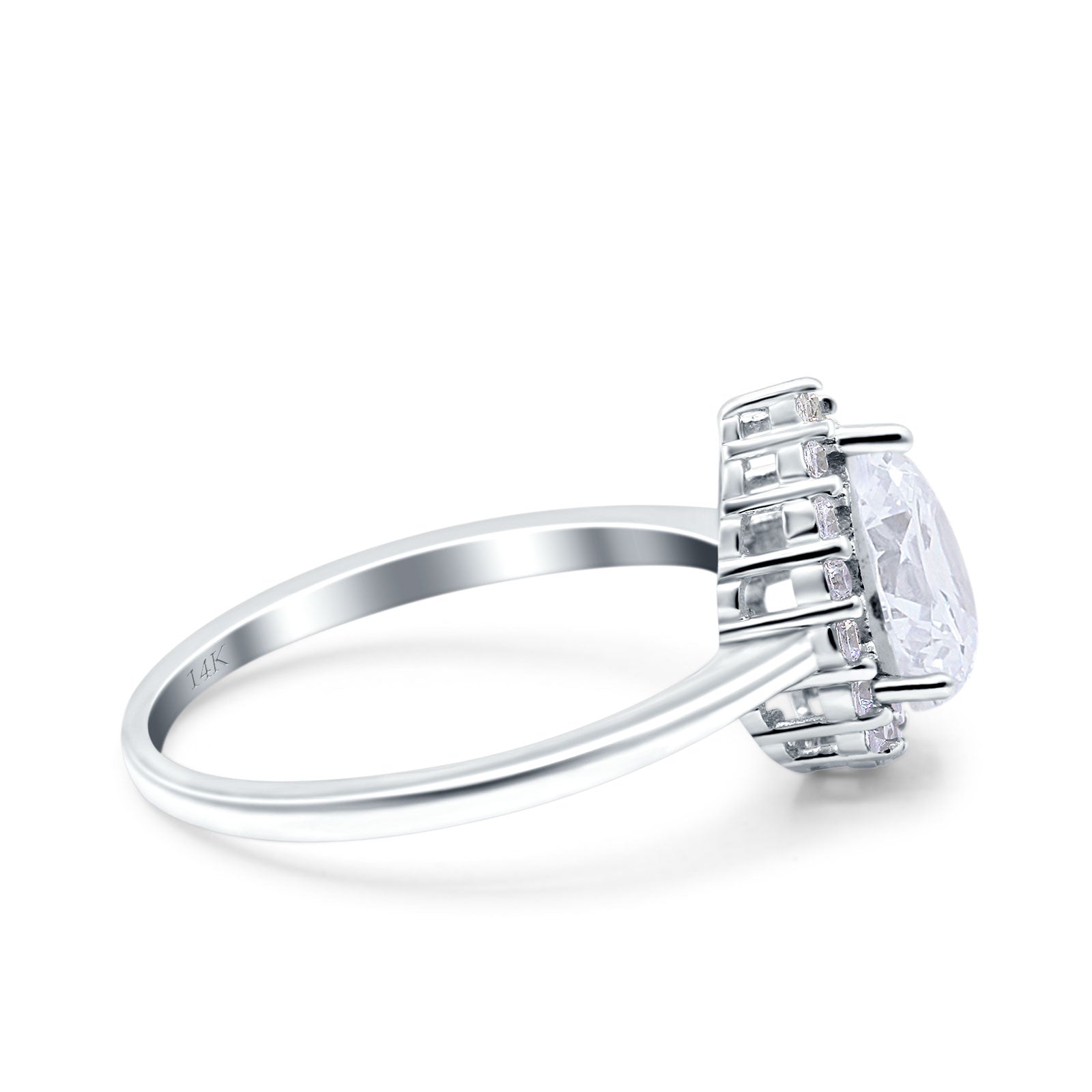 14K White Gold Teardrop Halo Art Deco Pear Ring Simulated Cubic Zirconia Wedding Engagement Ring