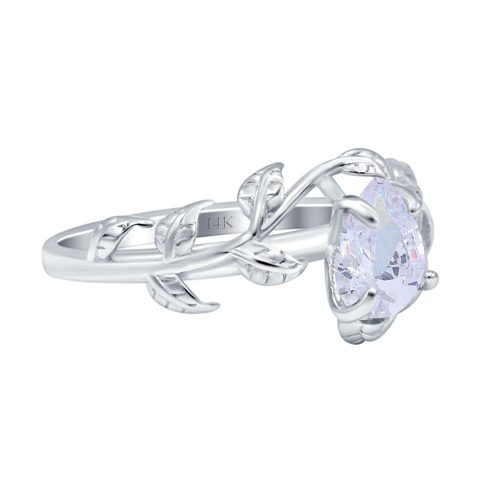 14K White Gold Art Deco Leaves Pear Vintage Style Bridal Ring Simulated Cubic Zirconia Wedding Engagement Ring