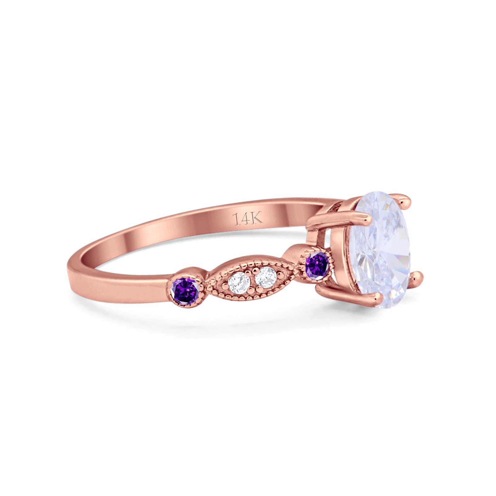 14K Rose Gold Vintage Style Oval Bridal Simulated Amethyst CZ Wedding Engagement Ring