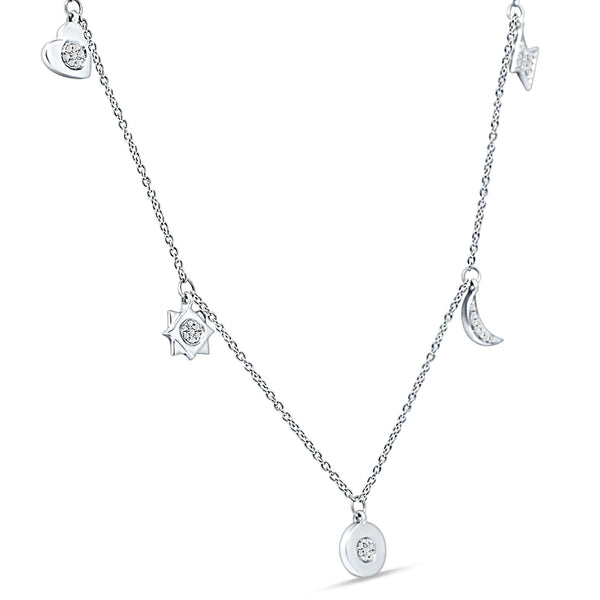 Dangling Moon Star Heart Diamond Necklace 14K White Gold 0.07ct Wholesale