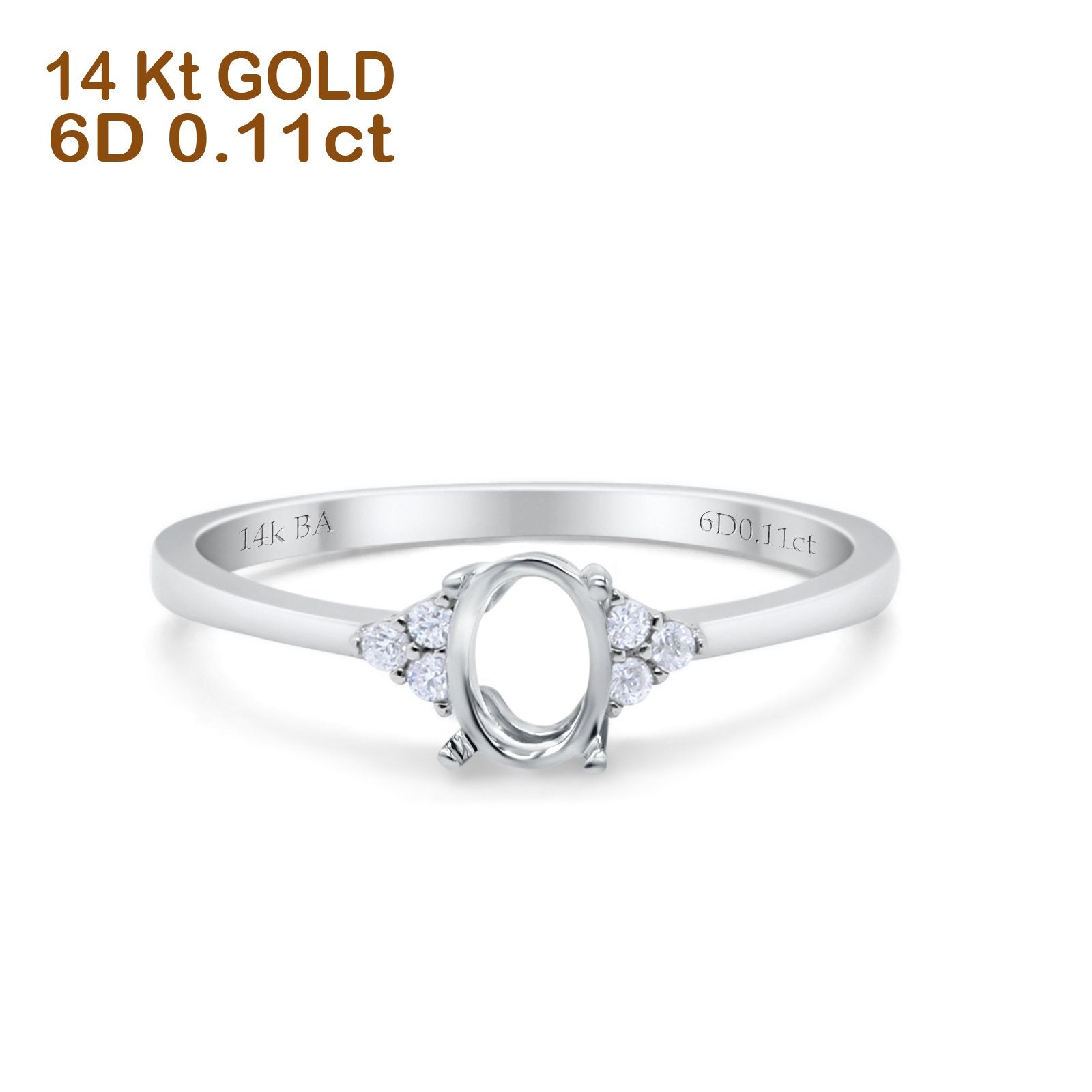 14K White Gold 0.11ct Art Deco Oval 7mmx5mm G SI Semi Mount Diamond Engagement Wedding Ring