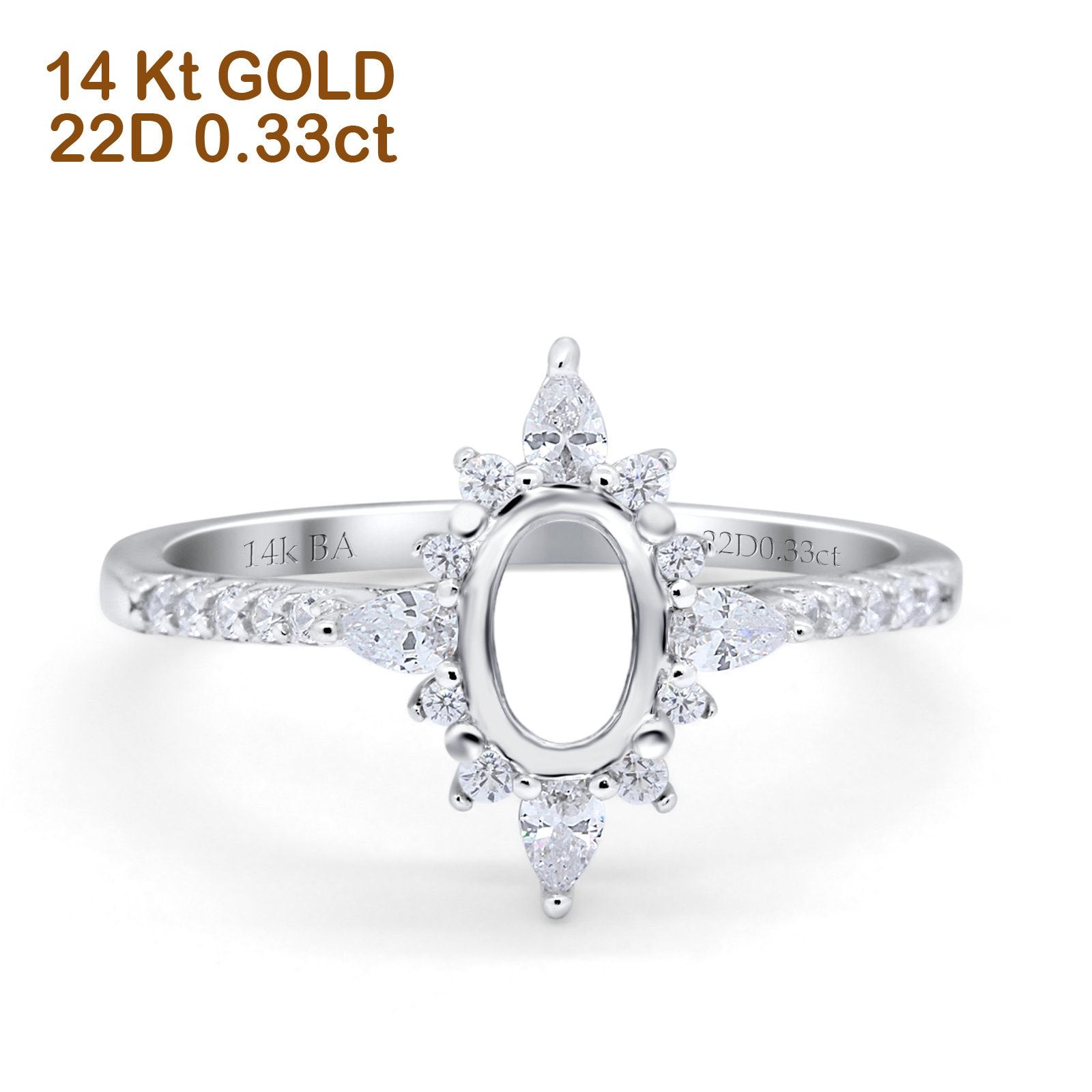 14K White Gold 0.33ct Vintage Oval 8mmx6mm G SI Semi Mount Diamond Engagement Wedding Ring