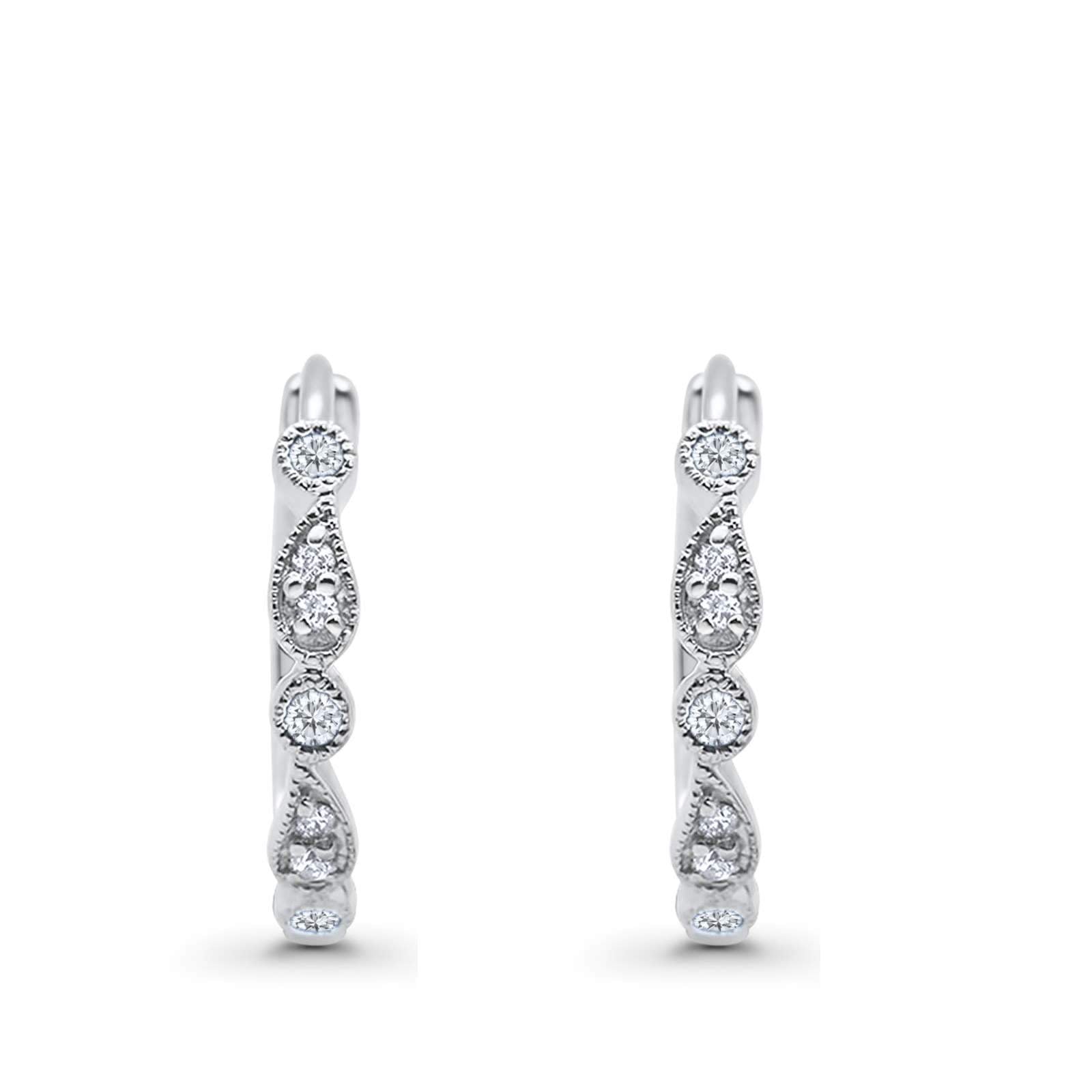 14K White Gold Huggie Hoop Earrings Round Simulated Cubic Zirconia