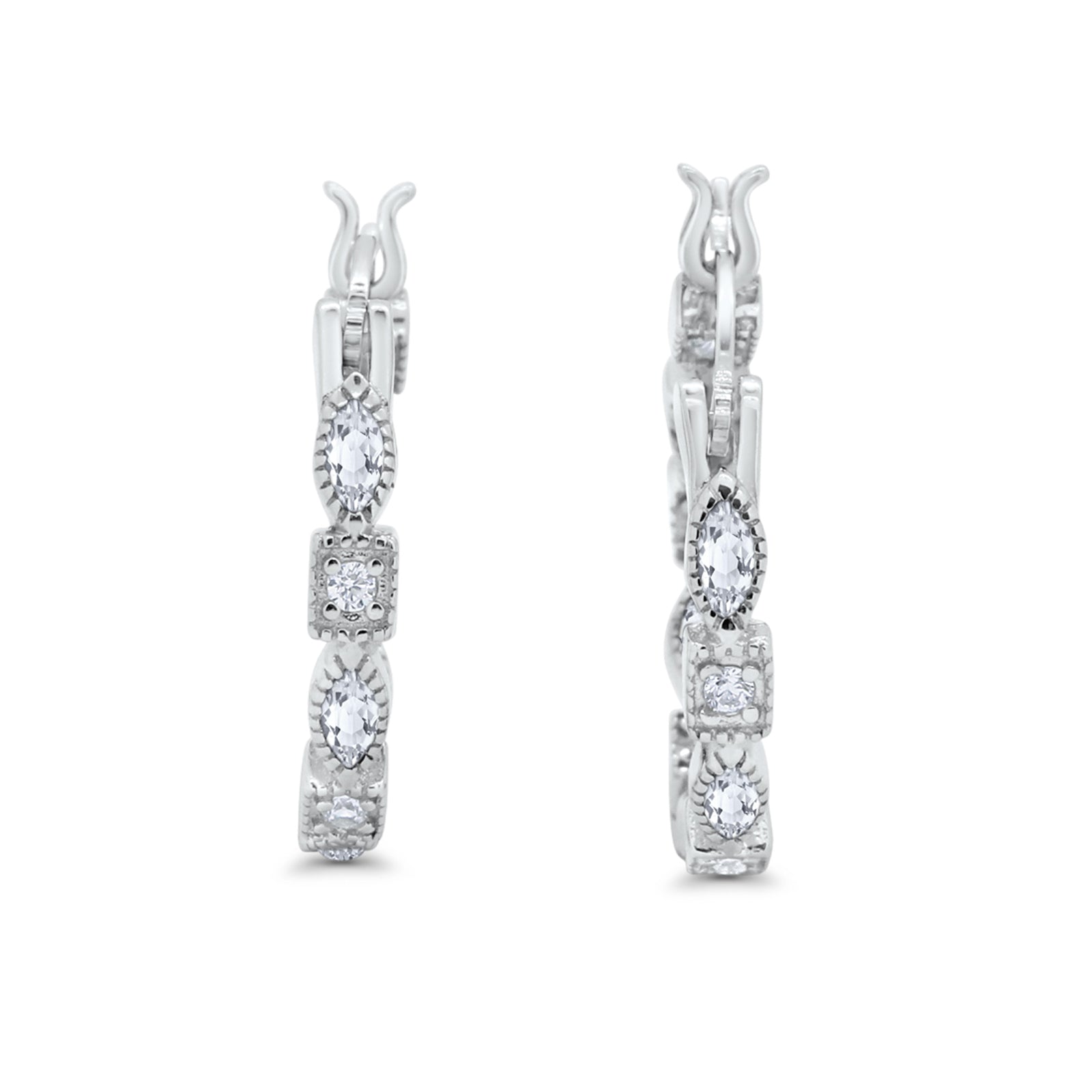 14K White Gold Art Deco Hoop Earrings Marquise Round Simulated CZ
