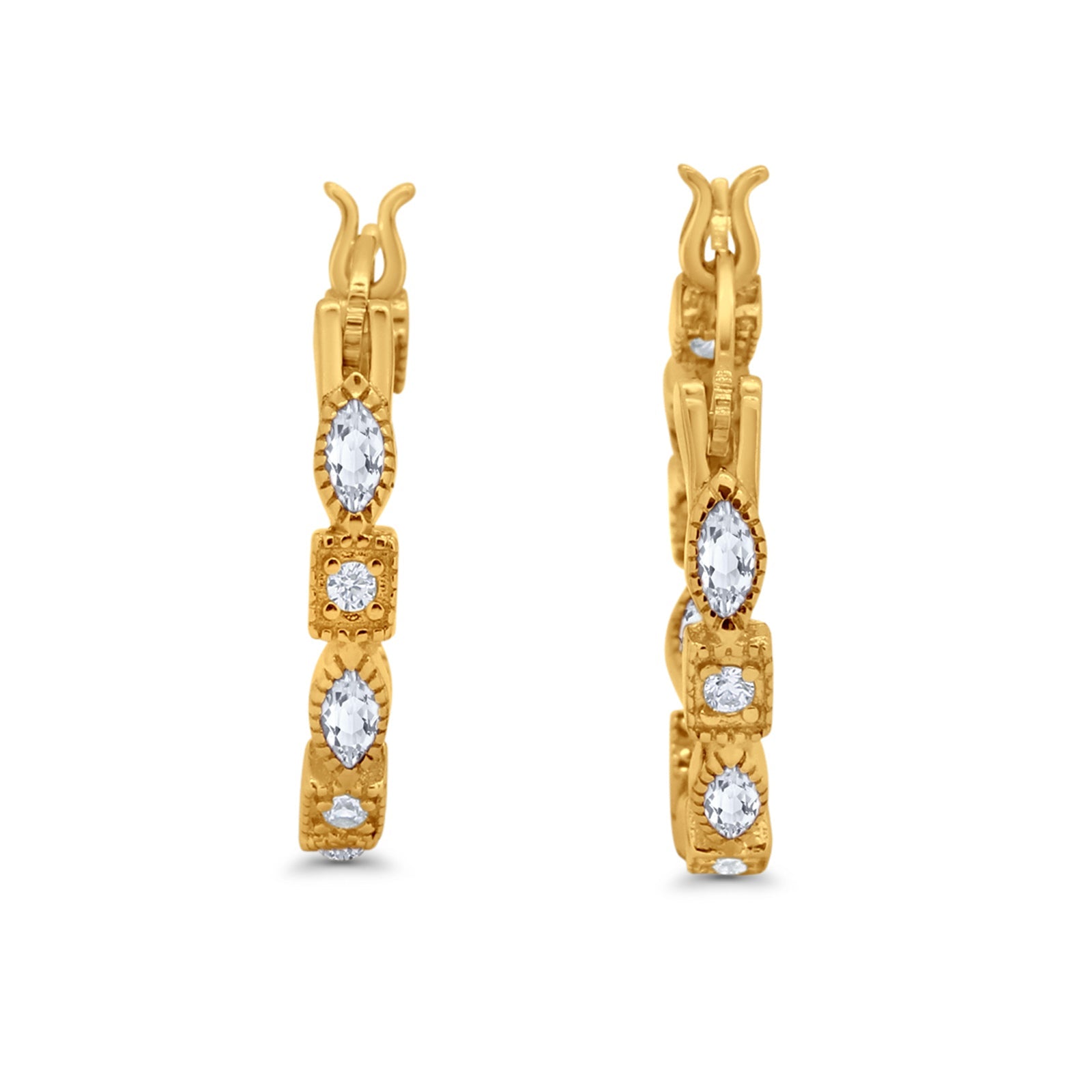 14K Yellow Gold Art Deco Hoop Earrings Marquise Round Simulated CZ