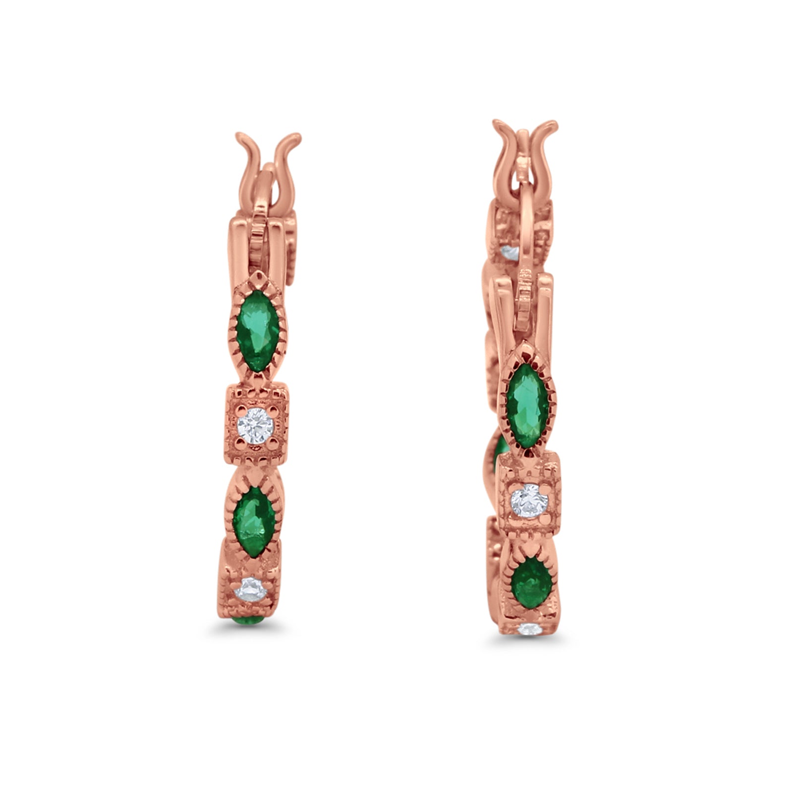 14K Rose Gold Art Deco Hoop Earrings Marquise Round Simulated Green Emerald CZ