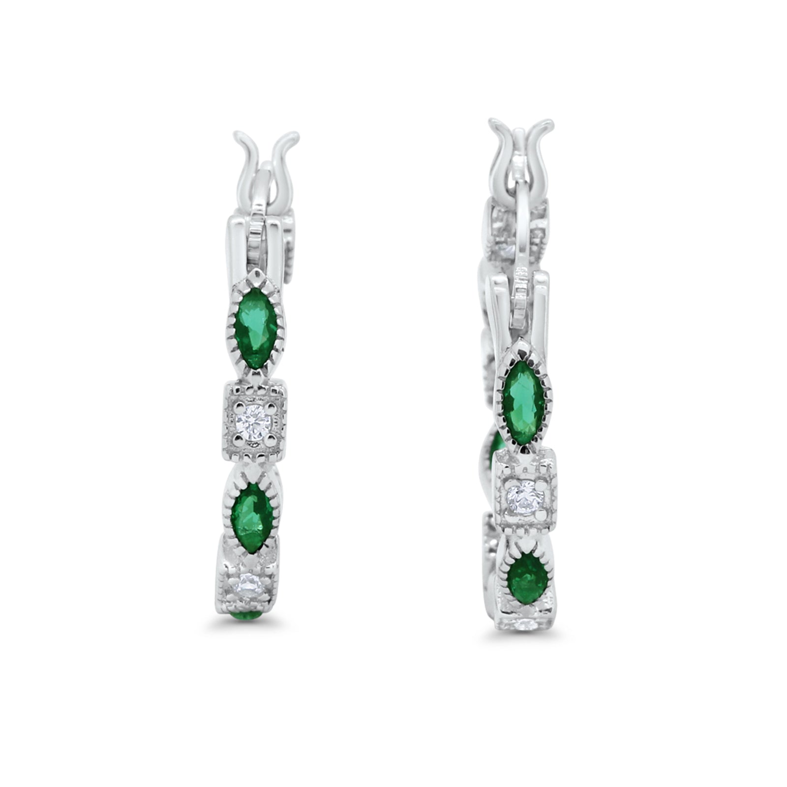 14K White Gold Art Deco Hoop Earrings Marquise Round Simulated Green Emerald CZ