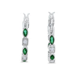 14K White Gold Art Deco Hoop Earrings Marquise Round Simulated Green Emerald CZ