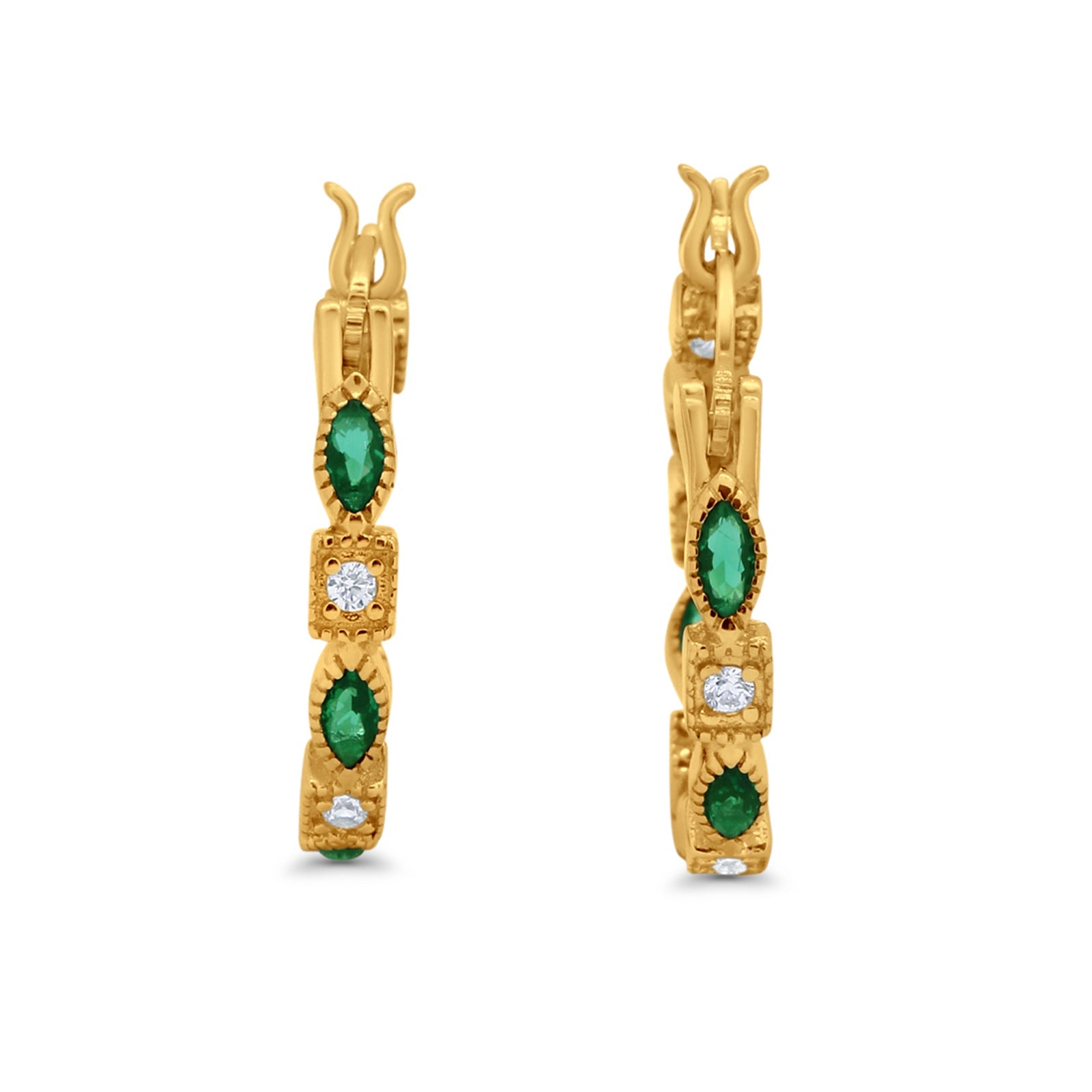 14K Yellow Gold Art Deco Hoop Earrings Marquise Round Simulated Green Emerald CZ