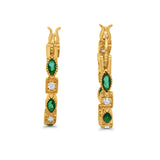 14K Yellow Gold Art Deco Hoop Earrings Marquise Round Simulated Green Emerald CZ