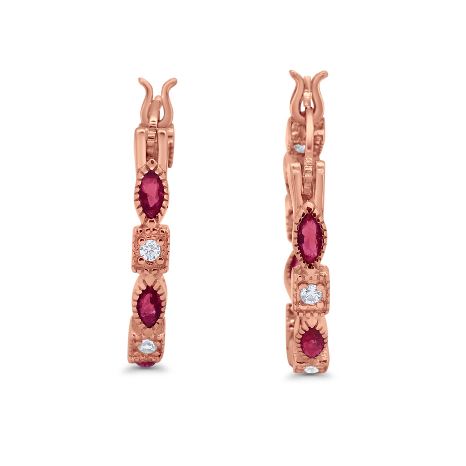 14K Rose Gold Art Deco Hoop Earrings Marquise Round Simulated Ruby CZ