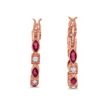 14K Rose Gold Art Deco Hoop Earrings Marquise Round Simulated Ruby CZ