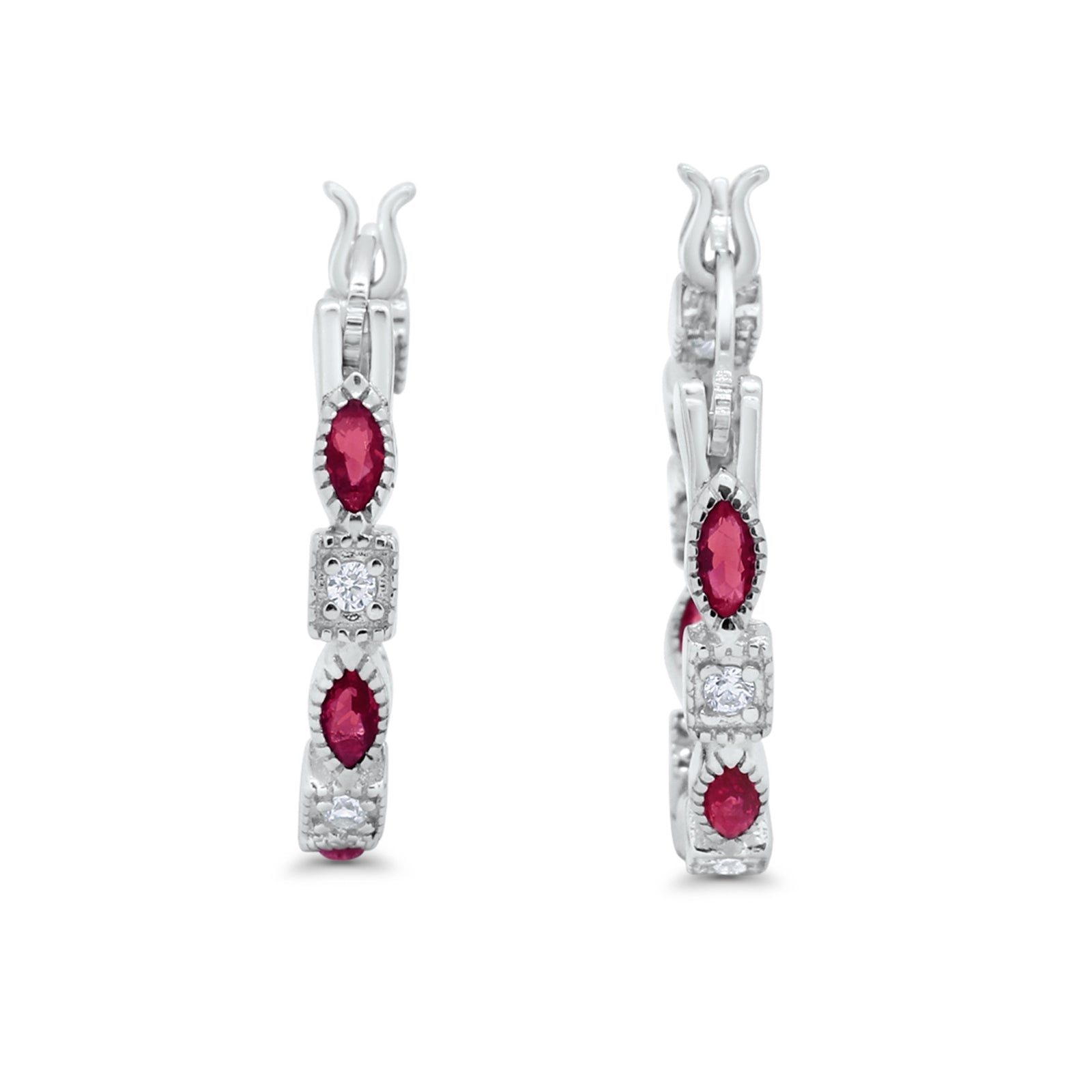 14K White Gold Art Deco Hoop Earrings Marquise Round Simulated Ruby CZ