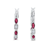 14K White Gold Art Deco Hoop Earrings Marquise Round Simulated Ruby CZ