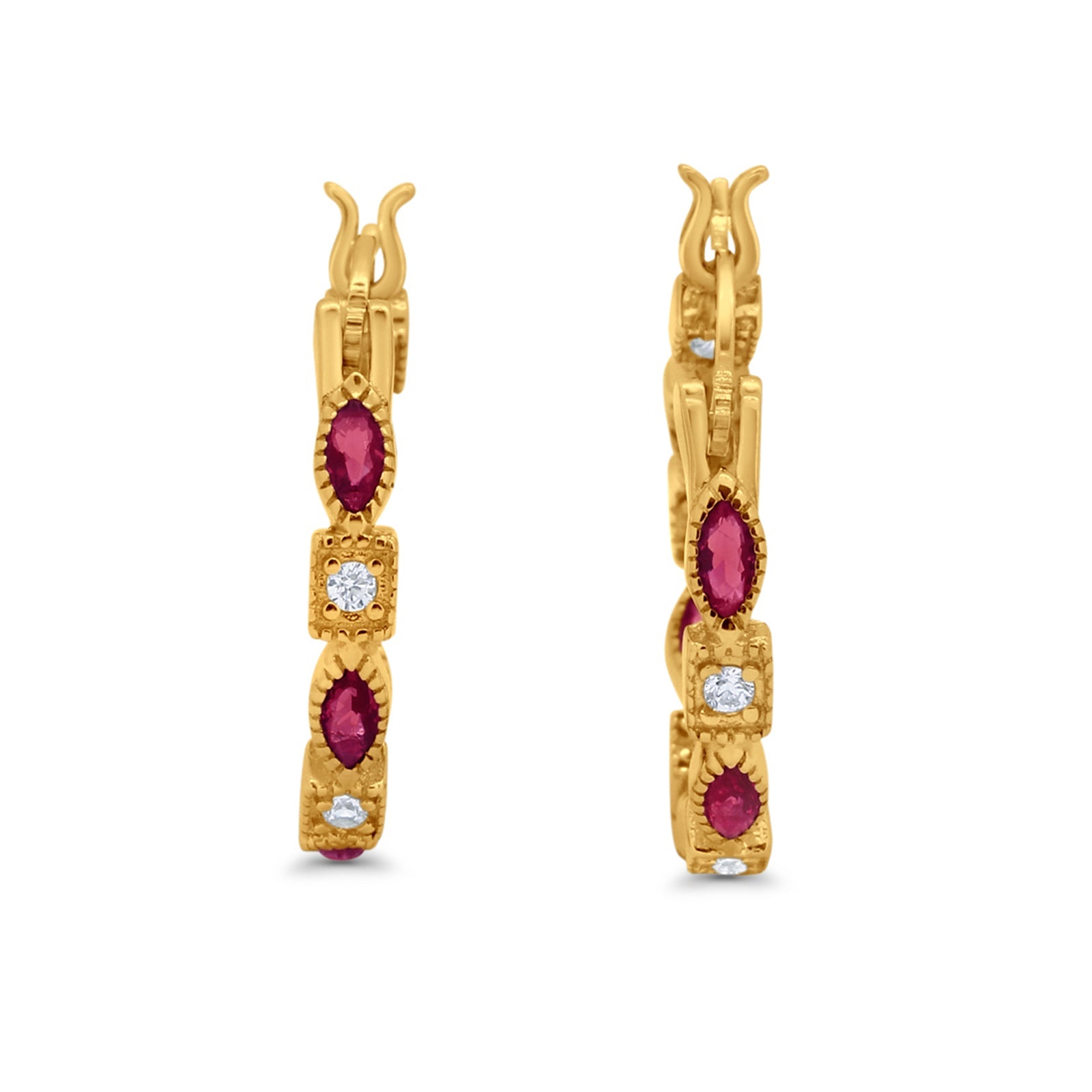 14K Yellow Gold Art Deco Hoop Earrings Marquise Round Simulated Ruby CZ