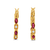 14K Yellow Gold Art Deco Hoop Earrings Marquise Round Simulated Ruby CZ