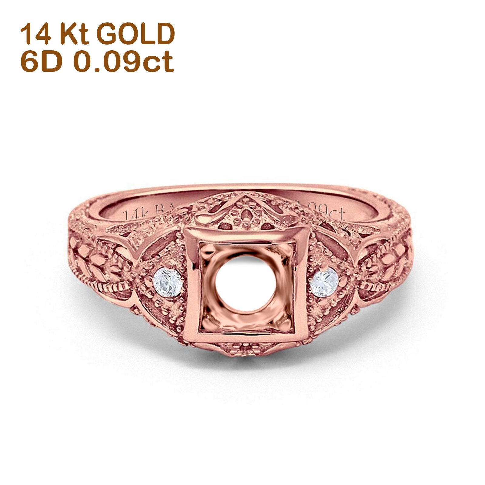 14K Rose Gold 0.09ct Round Antique Style 5mm G SI Semi Mount Diamond Engagement Wedding Ring