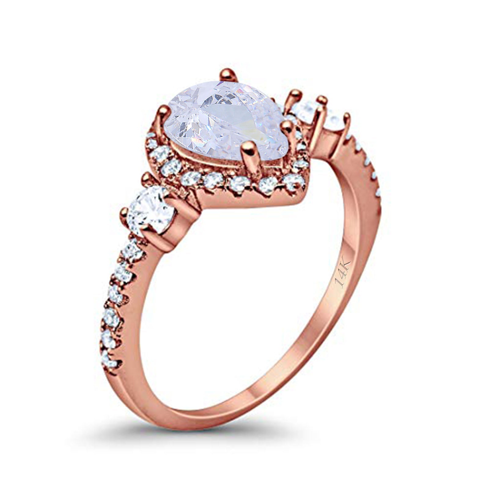14K Rose Gold Three Stone Halo Teardrop Pear Fashion Bridal Wedding Engagement Ring Simulated CZ Size-7
