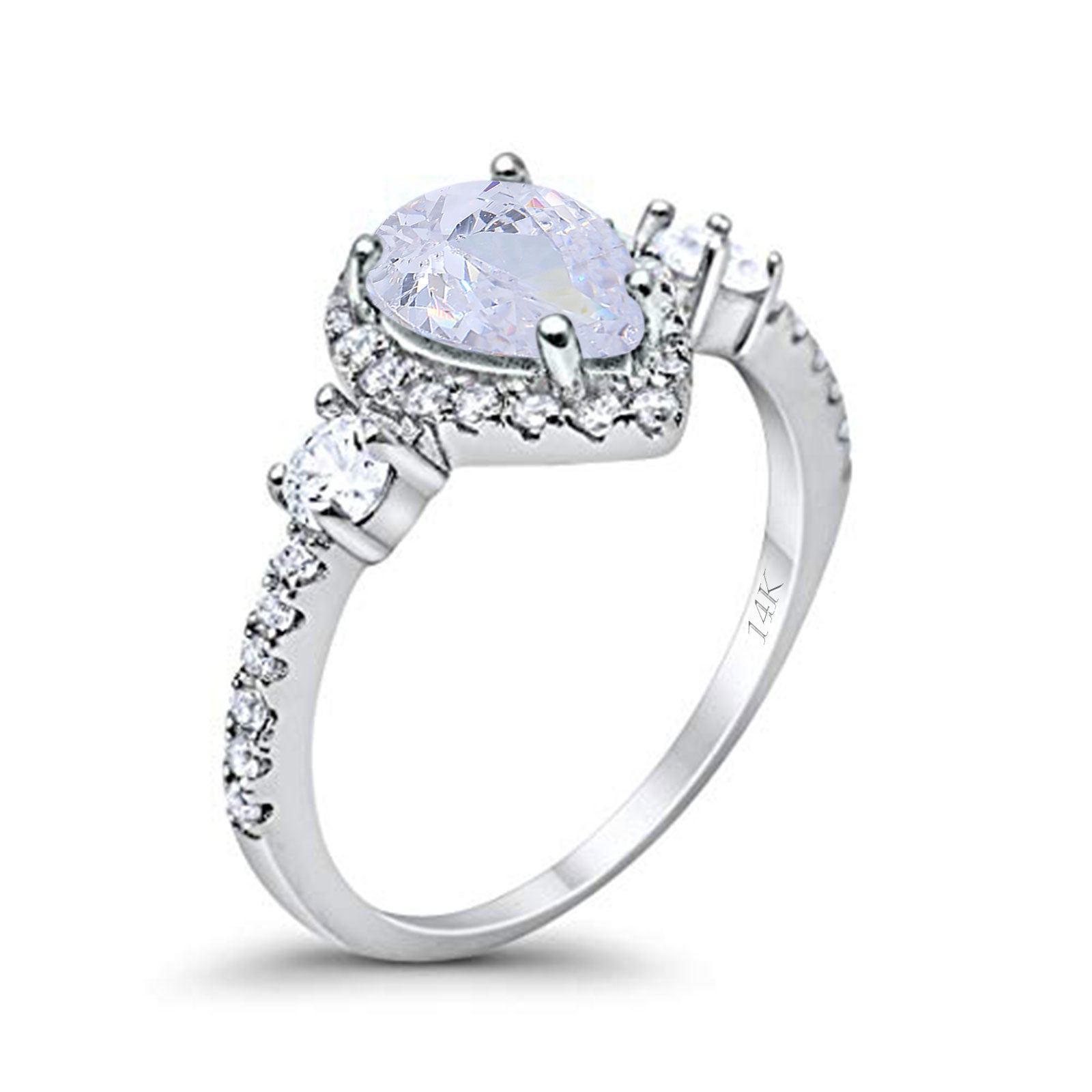 14K White Gold Three Stone Halo Teardrop Pear Fashion Bridal Wedding Engagement Ring Simulated CZ