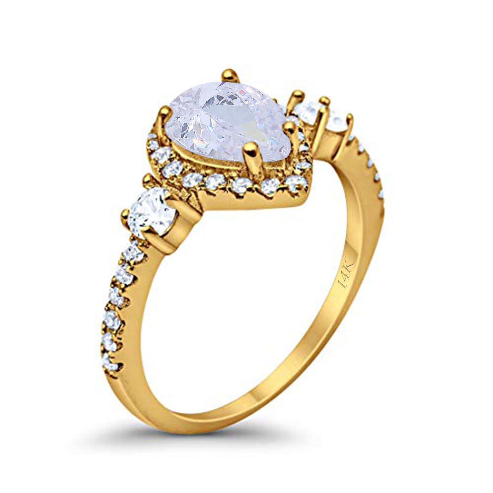 14K Yellow Gold Three Stone Halo Teardrop Pear Fashion Bridal Wedding Engagement Ring Simulated CZ