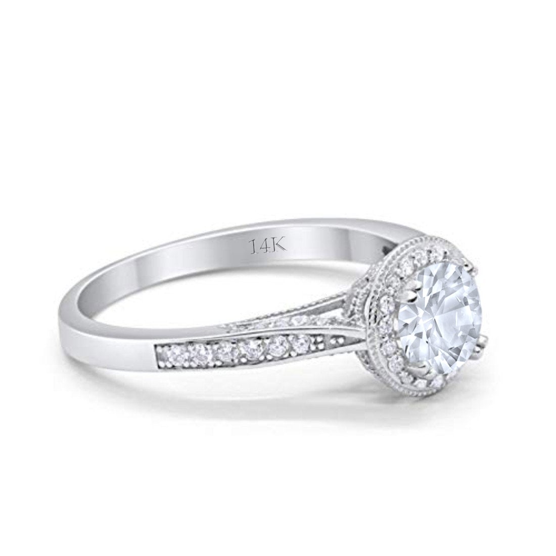 14K White Gold Halo Round Bridal Wedding Engagement Ring Simulated CZ Size-7