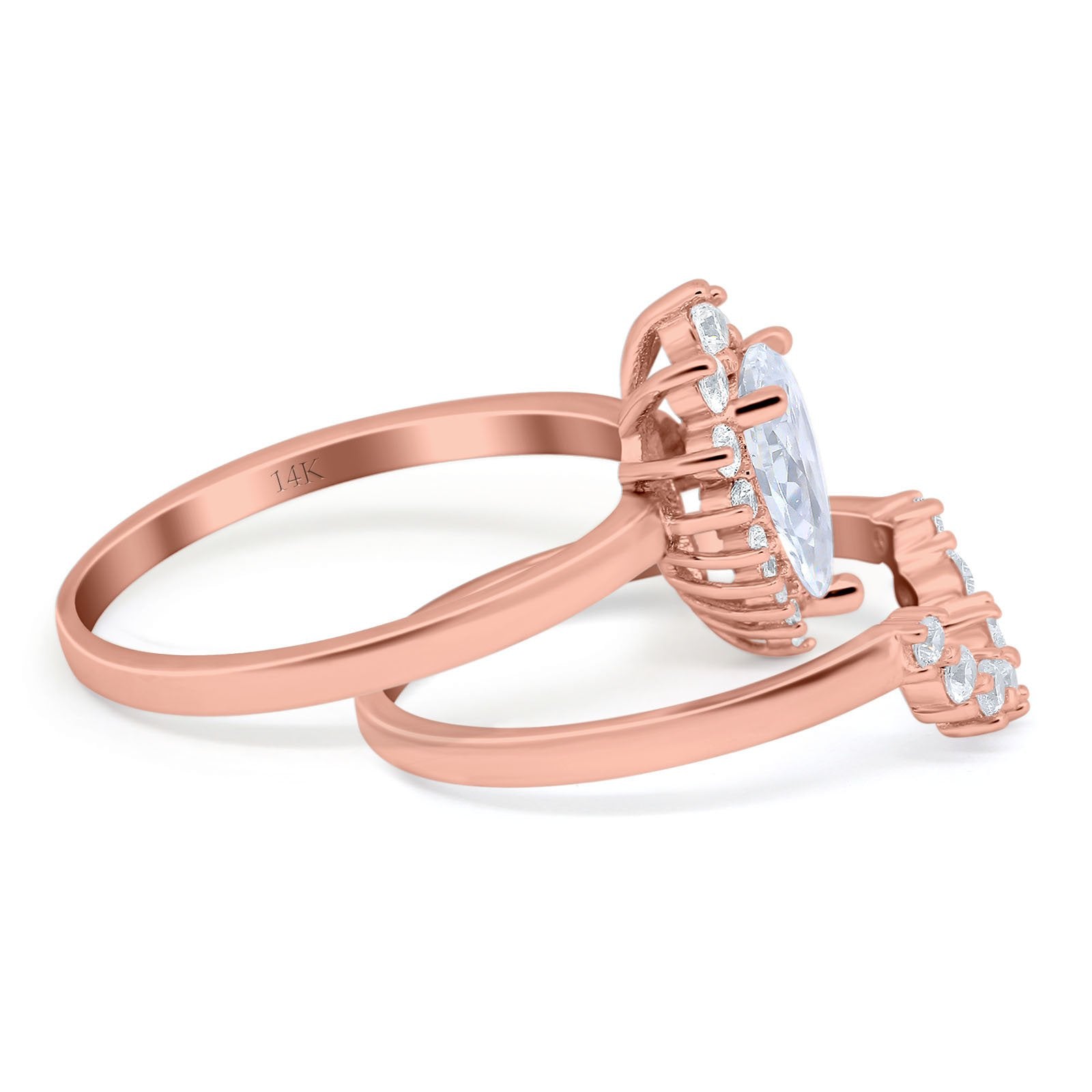 14K Rose Gold Teardrop Two Piece Art Deco Simulated CZ Wedding Ring Curved Band Size-7