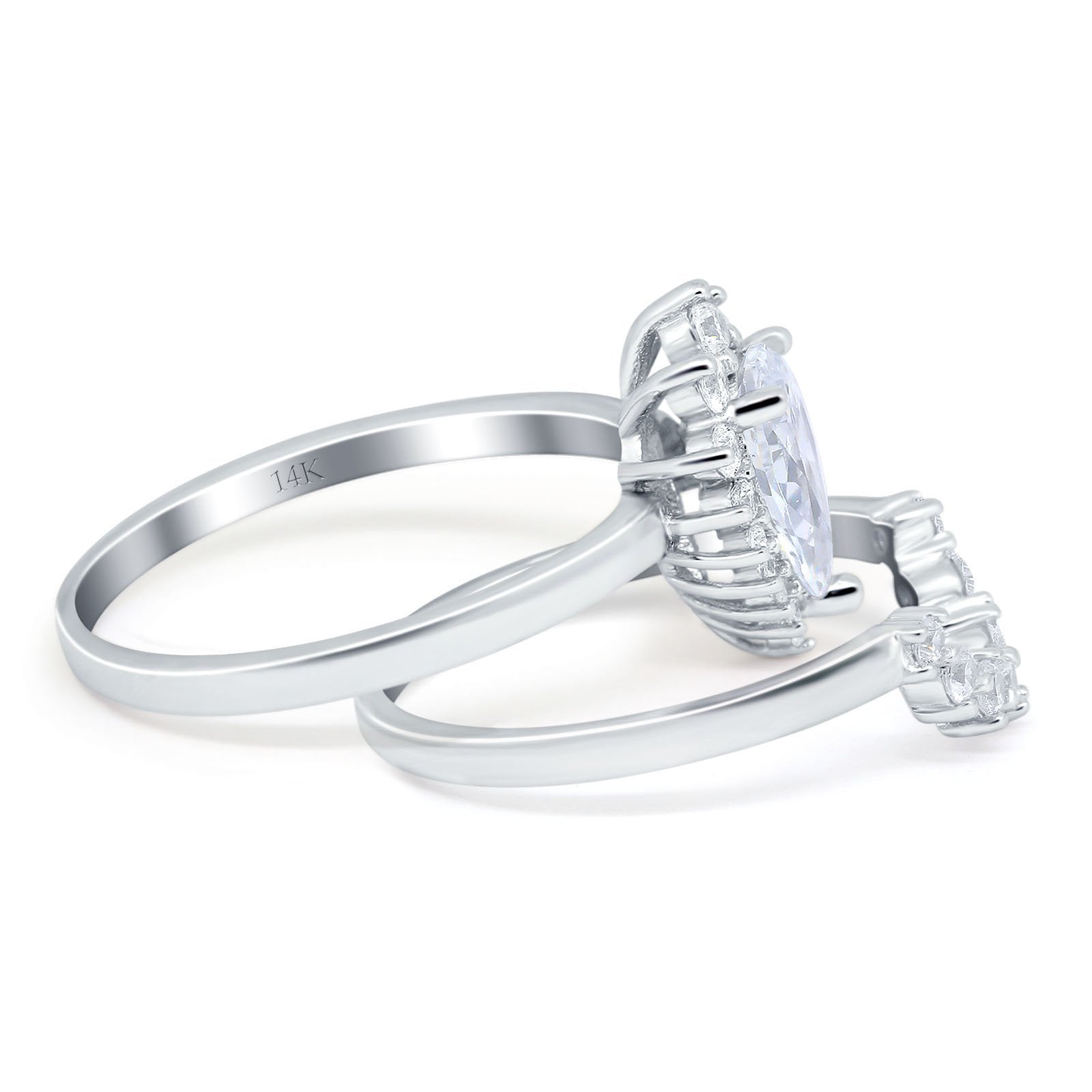 14K White Gold Teardrop Two Piece Art Deco Simulated CZ Wedding Ring Curved Band