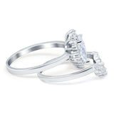 14K White Gold Teardrop Two Piece Art Deco Simulated CZ Wedding Ring Curved Band