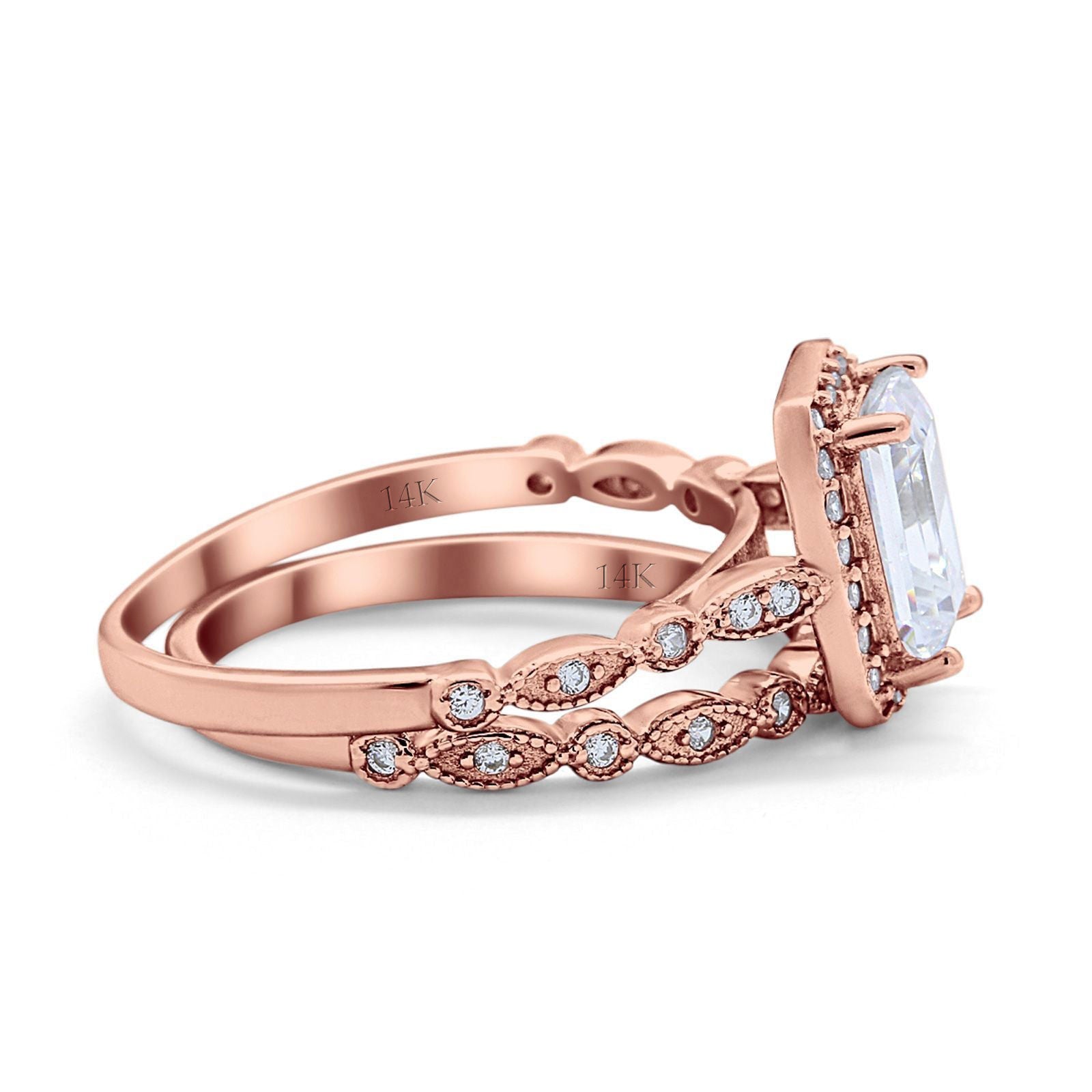 14K Rose Gold Emerald Cut Bridal Set Ring Band Engagement Two Piece Simulated CZ Size-7