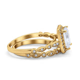 14K Yellow Gold Emerald Cut Bridal Set Ring Band Engagement Two Piece Simulated CZ