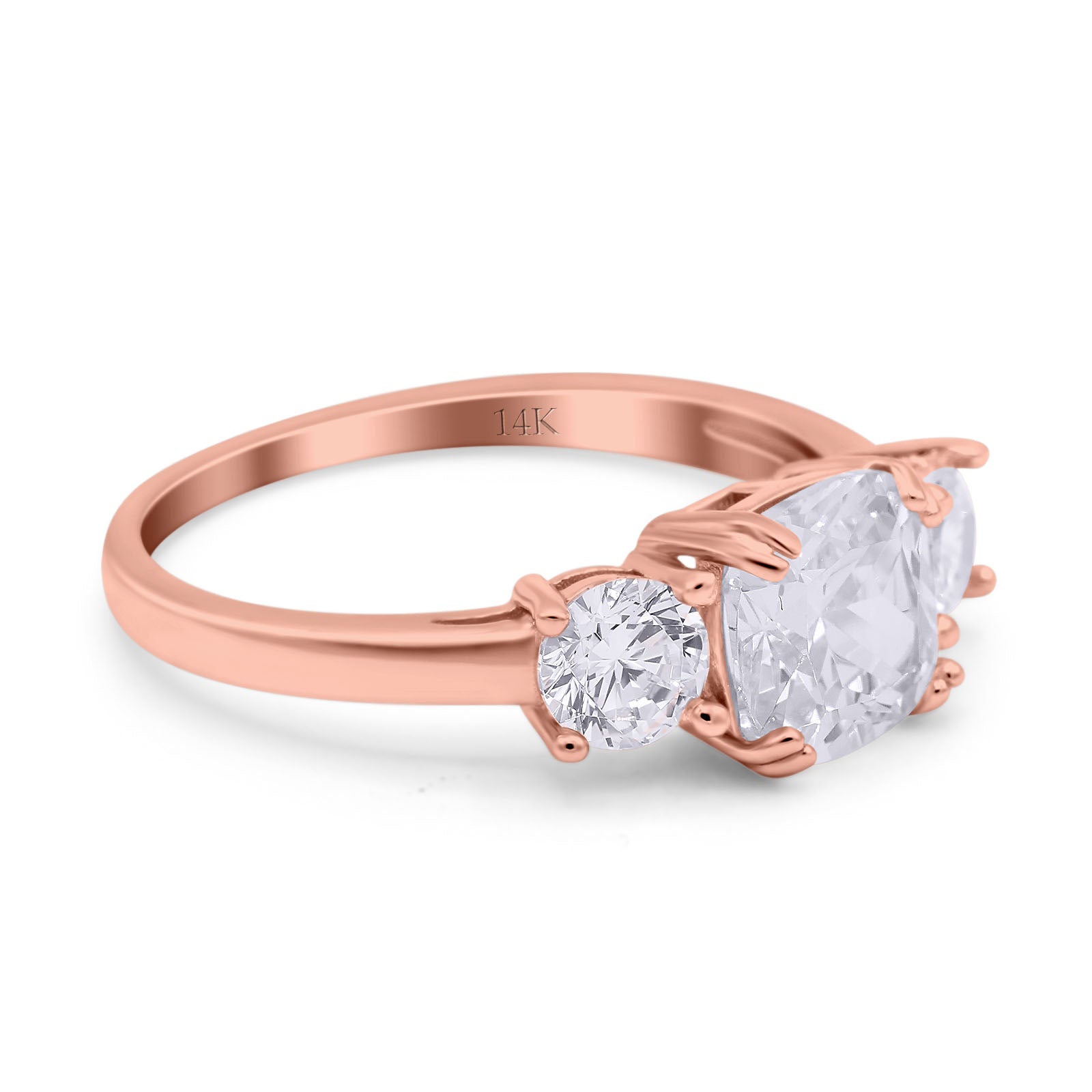 14K Rose Gold Cushion Three Stone Bridal Wedding Engagement Ring Simulated CZ Size-7
