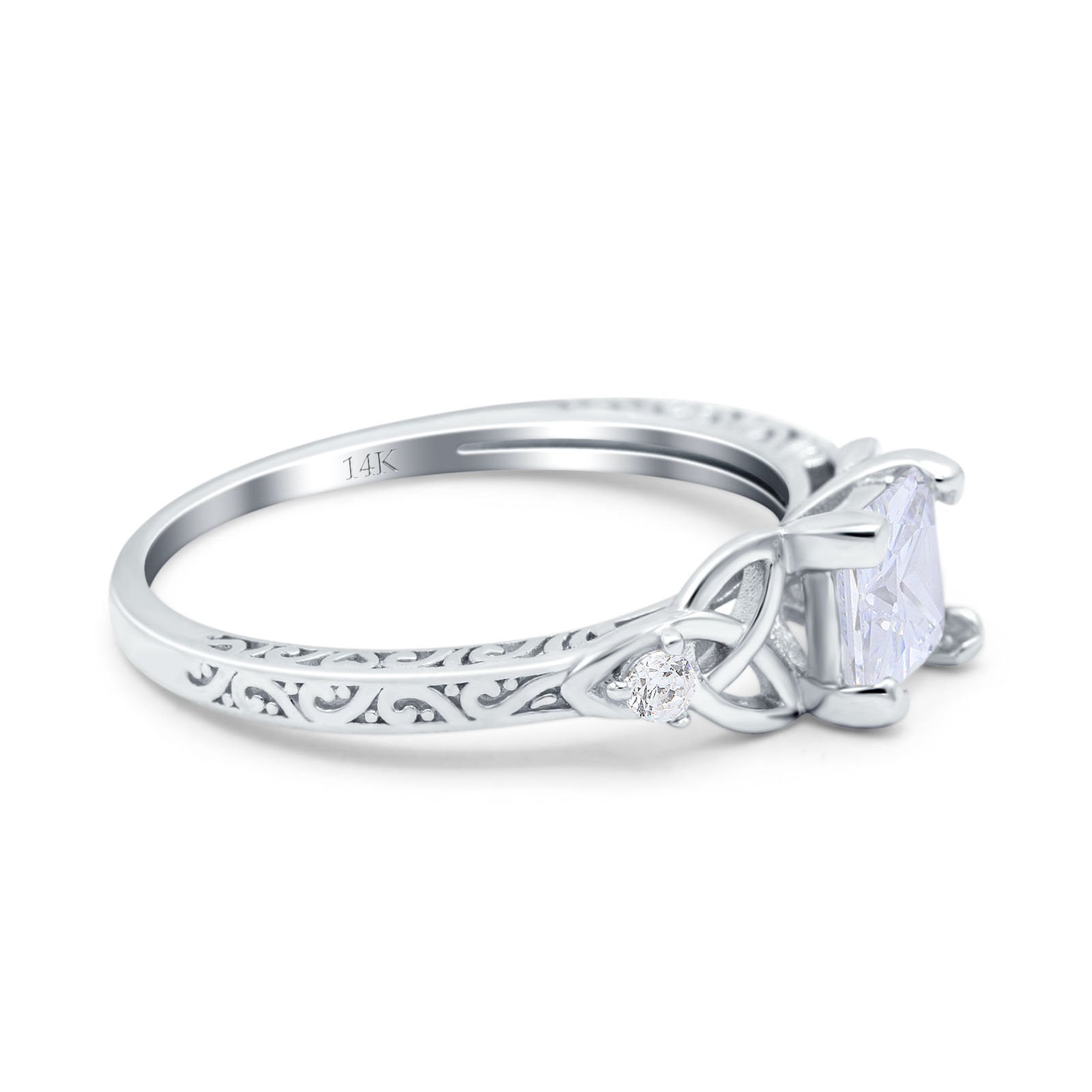 14K White Gold Cushion Celtic Art Deco Engagement Ring Simulated Cubic Zirconia Size-7