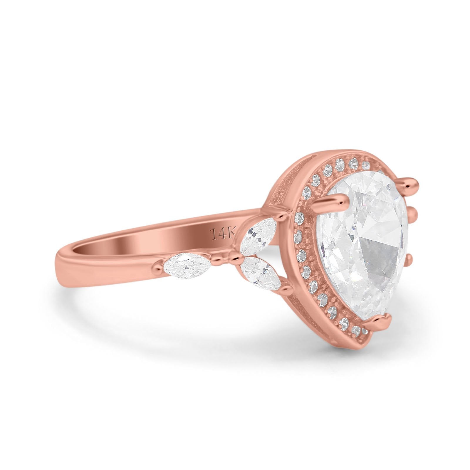 14K Rose Gold Teardrop Pear Art Deco Engagement Wedding Bridal Halo Ring Round Marquise Simulated CZ Size-7