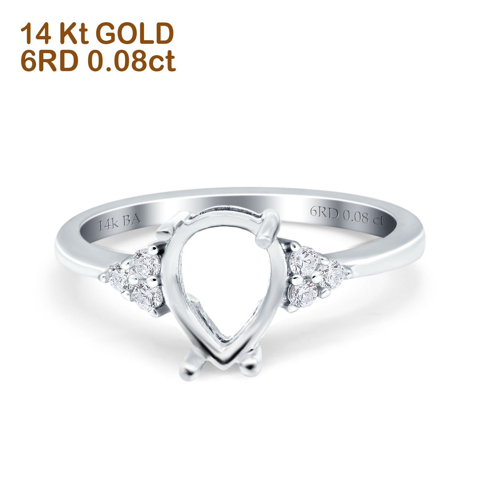 14K White Gold 0.08ct Pear 8mmx6mm G SI Semi Mount Diamond Engagement Wedding Ring