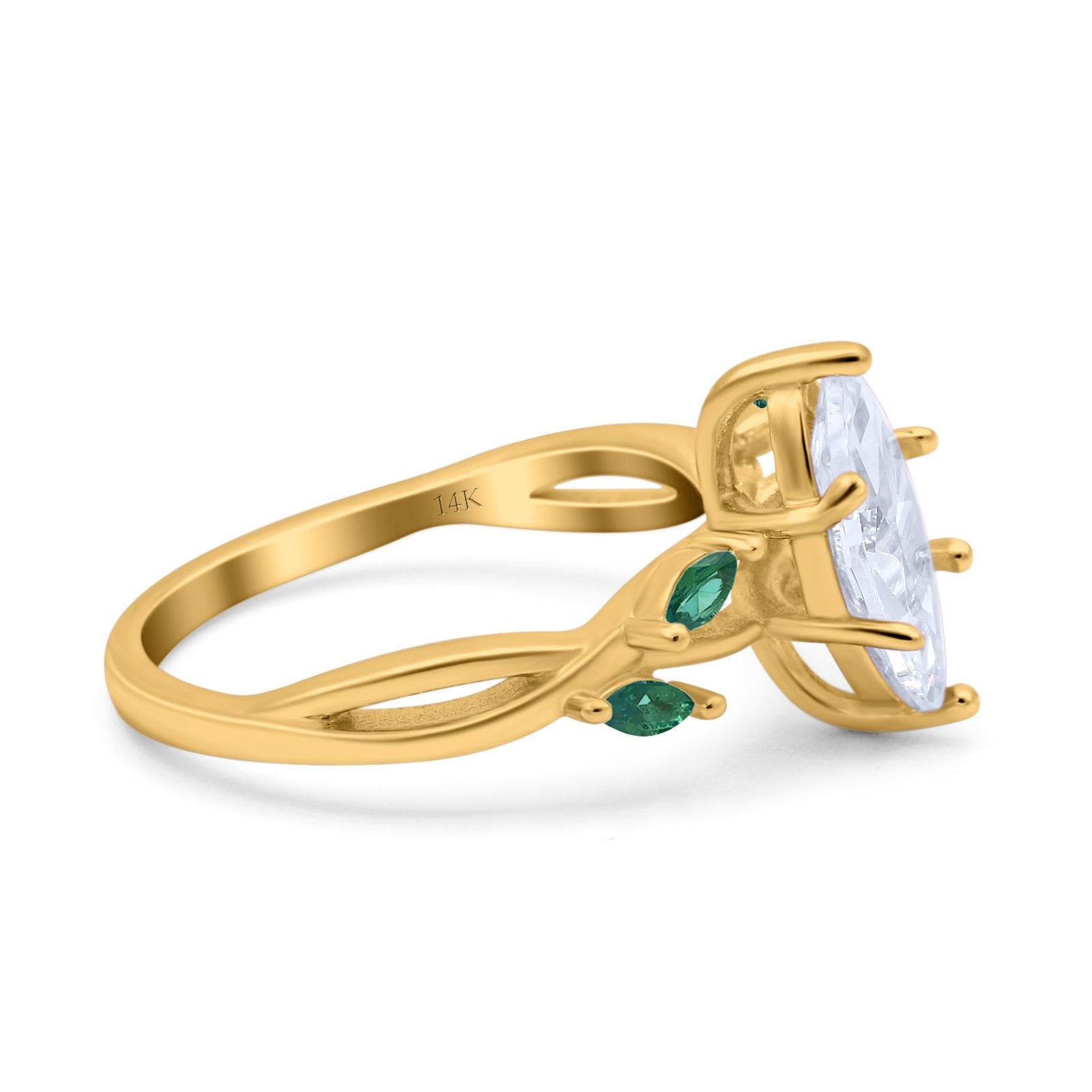14K Yellow Gold Infinity Twist Green Simulated Emerald Marquise Art Deco Engagement Wedding Bridal Ring Simulated CZ Size-7