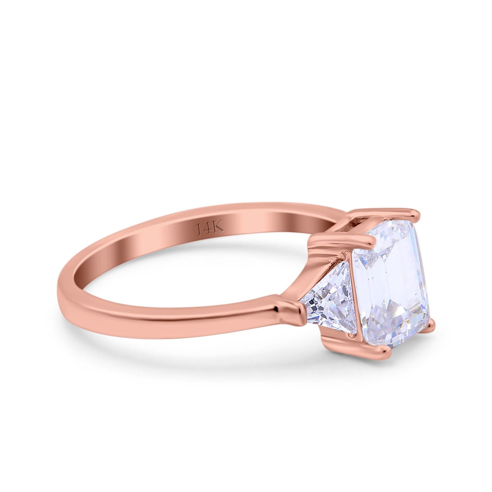 14K Rose Gold Emerald Cut Art Deco Engagement Ring Simulated Cubic Zirconia Size-7
