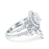 14K White Gold Wedding Band Bridal Ring Oval Accent Vintage Simulated Cubic Zirconia