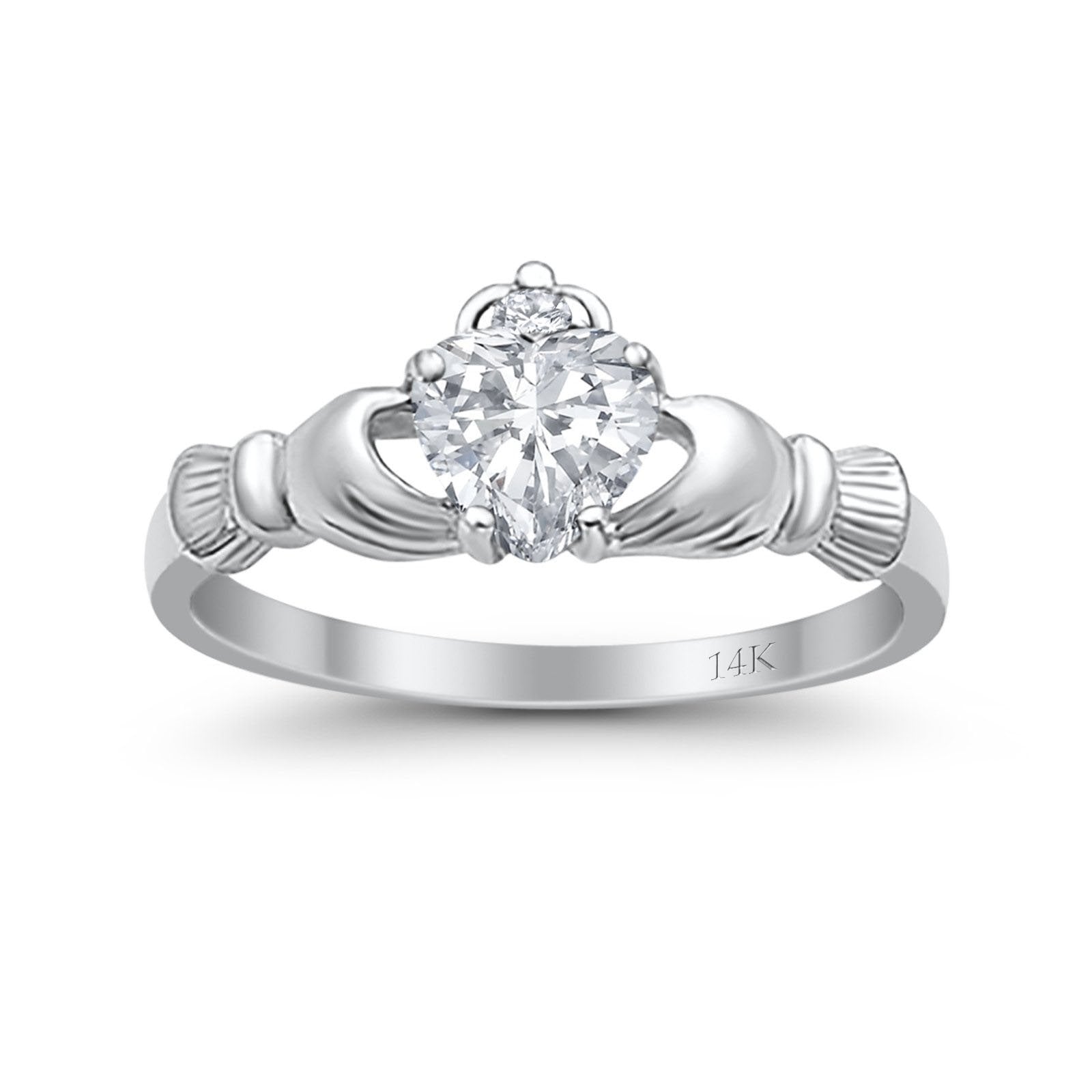 14K White Gold Irish Claddagh Heart Promise Ring Wedding Engagement Ring Round Simulated Cubic Zirconia